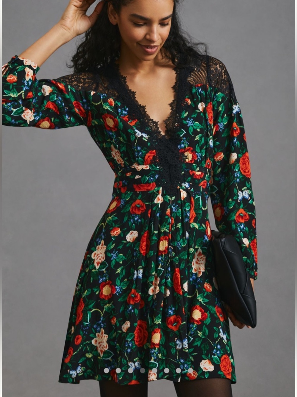 Anthropologie V Neck Mini Dress Black Floral Size 4 - Picture 3 of 16
